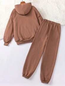 Teen Girl Letter Graphic Drop Shoulder Hoodie & Sweatpants - Khaki - View 2