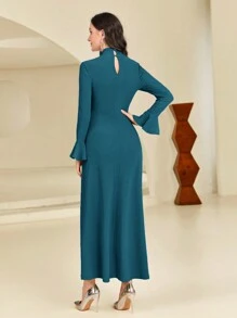 Modelyn Mock Neck Flounce Sleeve Ruched Button Front Dress - Teal Blue - View 2
