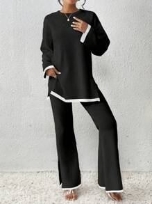 VaVaBold 女士色塊毛衣套裝,開叉下擺和鬆緊領邊設計 - 黑色 - 查看 4