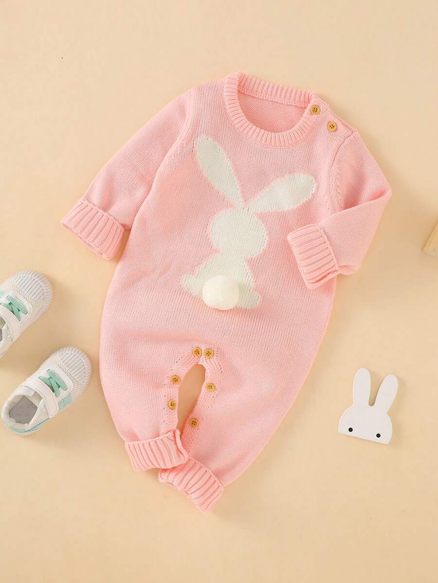 Đứa bé gái Mẫu thỏ Pompom Đã vá Đan Áo liền quần - Hồng - Xem 1