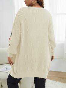 SHEIN LUNE Plus Mushroom Embroidery Drop Shoulder Duster Cardigan - Apricot - View 2