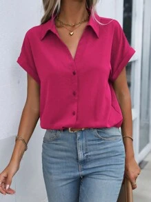 SHEIN LUNE Blusa De Manga Corta Con Alas De Murciélago Para Mujer - Rosa Fucsia - Ver 1