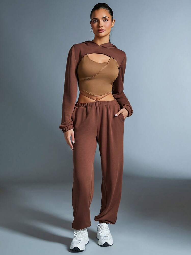 3pcs/set Camisole Top & Cropped Hoodie & Sweatpants Set