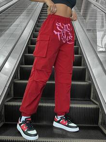 SHEIN Coolane 女士塗鴉印花前片貨物褲 - 紅色 - 查看 3