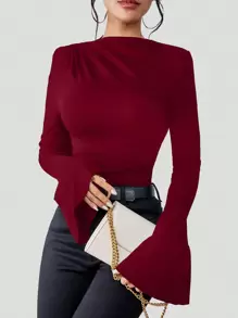 Chiquease Camiseta de mujer con mangas de campana y volantes en el bajo - Burdeos - Ver 4