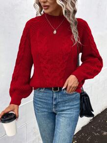 SHEIN LUNE Jersey Con Manga Raglán Y Decoración De Cable Tejido Para Mujer - Rojo - Ver 1