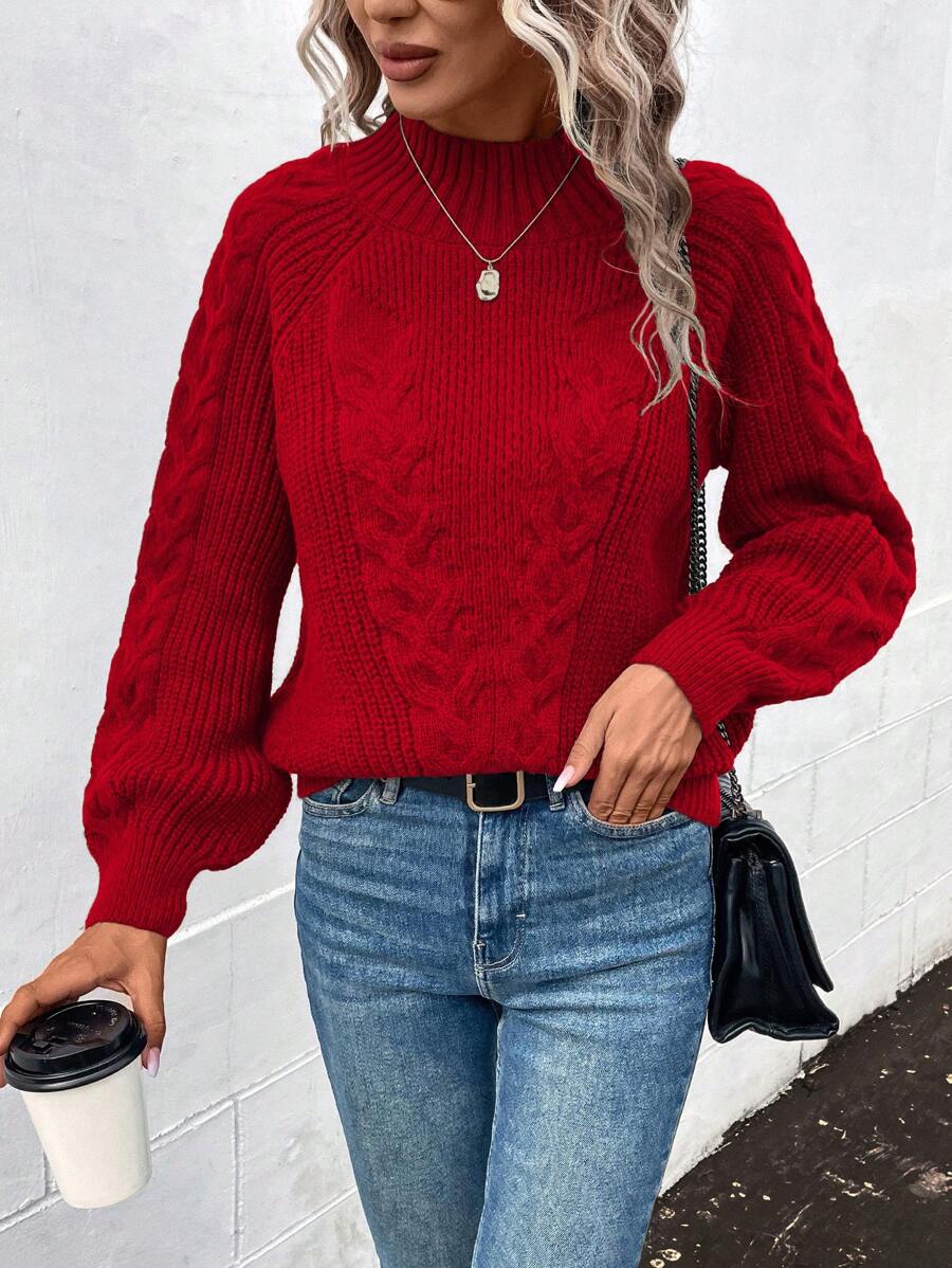 SHEIN LUNE Jersey Con Manga Raglán Y Decoración De Cable Tejido Para Mujer - Rojo - Ver 1