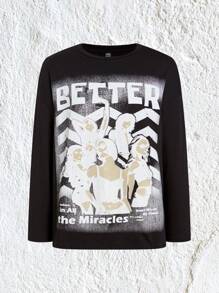 SHEIN EZwear 字母人物圖案T恤 - 黑色 - 查看 1