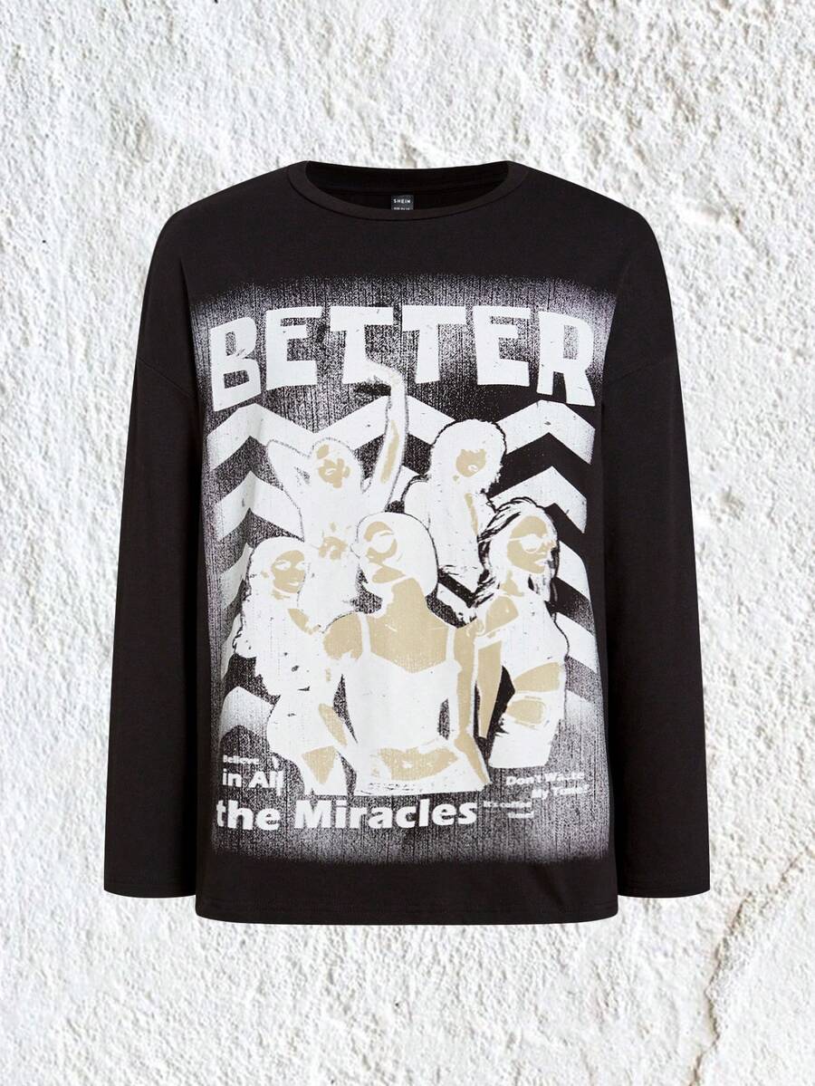 SHEIN EZwear 字母人物圖案T恤 - 黑色 - 查看 1