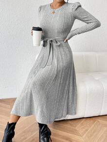 SHEIN Privé Vestido De Mujer Con Mangas Abullonadas En Color Sólido - Gris - Ver 5