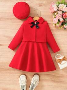 Little Girls' Butterfly Decorated Top And Solid Color Dress Set - Red - View 1
