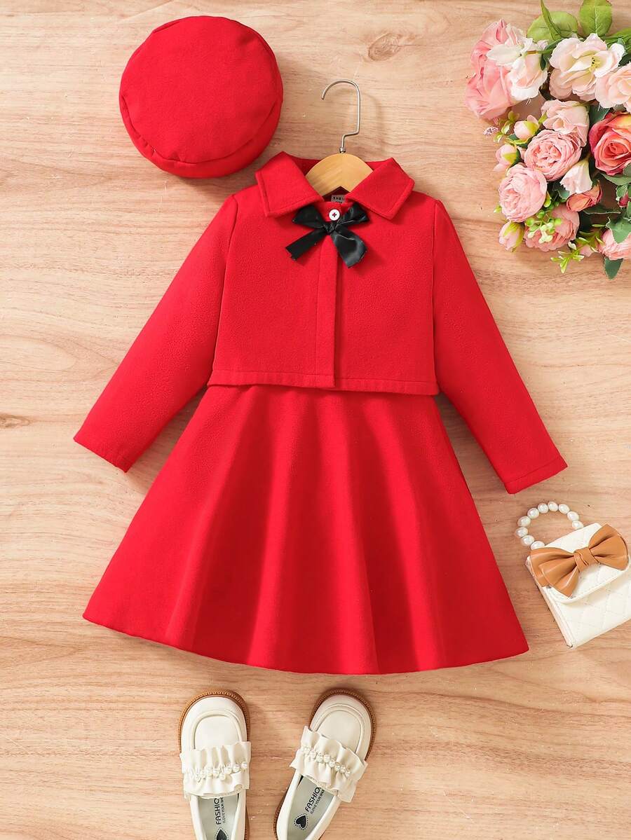 Little Girls' Butterfly Decorated Top And Solid Color Dress Set - Red - View 1