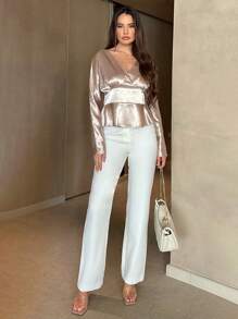 SHEIN Privé Surplice Neck Peplum Blouse - Apricot - View 4