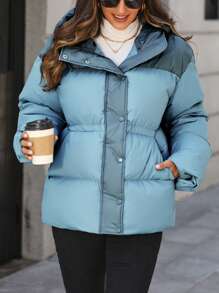 SHEIN LUNE 斜口袋连帽棉服夹棉外套衣服冬季 - 淺藍色 - 查看 4