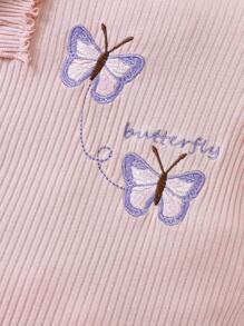 Baby Girl Butterfly Embroidery Ruffle Edge Footed Jumpsuit Pajamas Holiday Travel Releax Summer Clothes Cotton - Dusty Pink - View 4