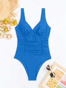 SHEIN Swim 純色百褶一件式泳衣 - 藍色 - 查看 4