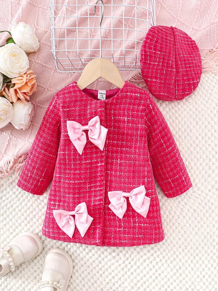 Baby Girl's Bowknot Decor Thick Woolen Coat And Beret Set