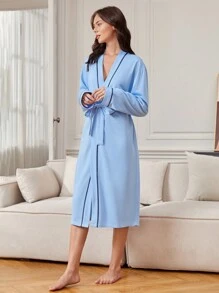 Women's One-piece Home Service Bathrobe With Contrast Trim And Waistband - Blue - View 3