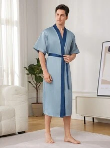 1pc Men's Color Block Rolled Edge Robe For Home Wear - Blue - View 3