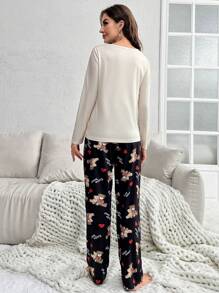 SHEIN Bear & Letter Graphic PJ Set / Pajama Set, Fall Winter Clothes - Multicolor - View 2