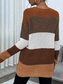 SHEIN LUNE Women'S Contrast Color Round Neck Drop Shoulder Sweater - Brown - View 2