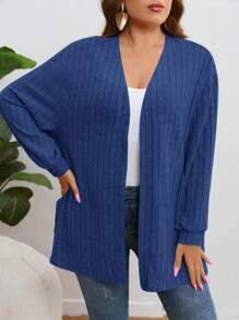 SHEIN Essnce Kích thước lớn Màu thuần Sọc Kết cấu Lỏng lẻo Áo len Mở Áo len , Tay áo dài - Màu xanh hải quân - Xem 6