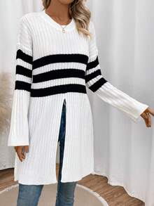 SHEIN LUNE 女款開衩下擺長條紋毛衣 - 白色 - 查看 3