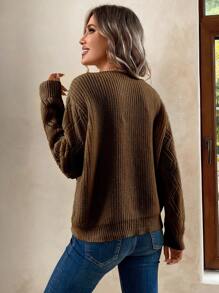 SHEIN LUNE 女鉤針落肩毛衣套頭衫 - 棕色 - 查看 2