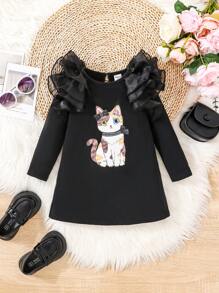 SHEIN Baby Girls' Cute Cat Pattern Short Flutter Sleeve Long Sleeve Dress - Black - View 1