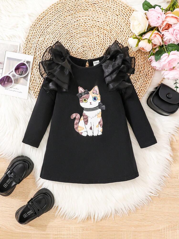 Baby Girls' Cute Cat Pattern Short Flutter Sleeve Long Sleeve Dress