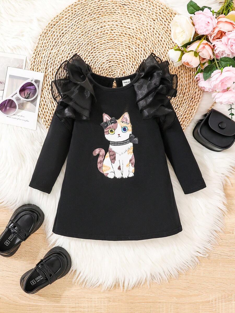 SHEIN Baby Girls' Cute Cat Pattern Short Flutter Sleeve Long Sleeve Dress - Black - View 1