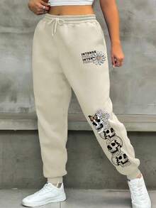 SHEIN EZwear 加大號骷髏花紋印花束口休閒運動褲 - 杏色 - 查看 3
