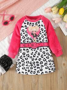 Baby Girls' Stylish Plush Patchwork Character Pattern Dress With Raglan Sleeve - Pink - View 1