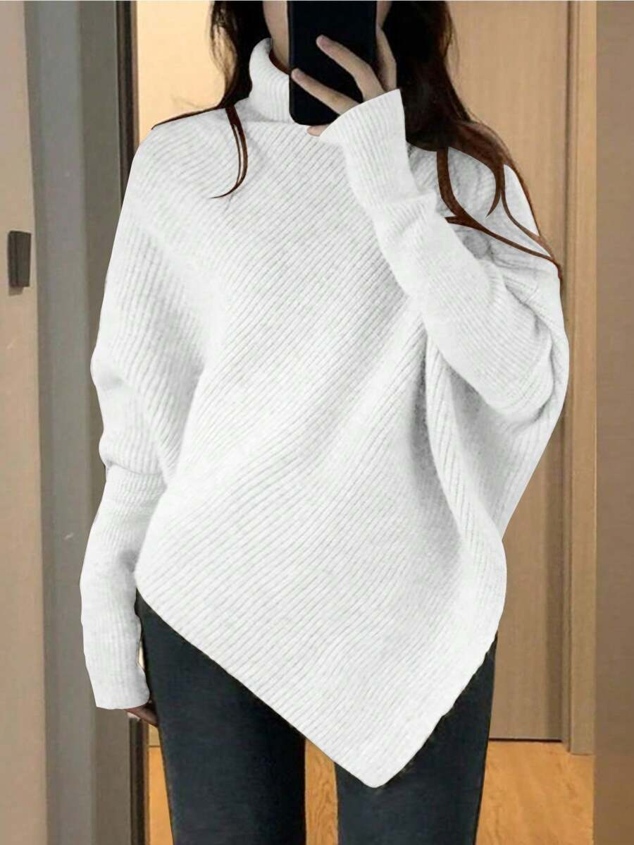 SHEIN LUNE 大尺寸純色高領蝙蝠袖毛衣 - 白色 - 查看 1
