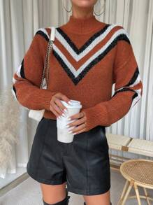 SHEIN LUNE Chevron Pattern Mock Neck Drop Shoulder Sweater - Brown - View 5