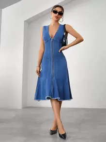 SHEIN Essnce 女士性感修身高腰無袖牛仔裙 - 中等水洗藍 - 查看 4