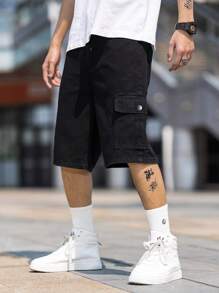 Manfinity Hypemode Men Cotton Flap Pocket Side Denim Shorts Going Out Plain Denim Jorts Baggy Plain Black Denim Shorts, For Husband, Boyfriend Gifts Going Out Hang Out Commute Street College - Black - View 7