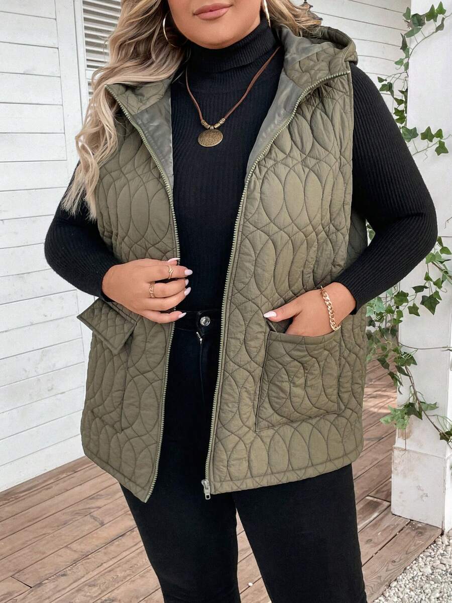 EMERY ROSE 加大號帶口袋連帽背心棉袍外套 - 軍綠色 - 查看 1