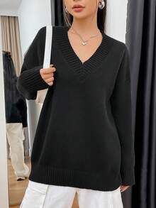 SHEIN Unity V領滑肩純色毛衣 - 卡其色 - 查看 4