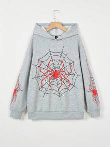 SHEIN EZwear Sudadera de hombros caídos con estampado de telaraña talla grande - Gris Claro - Ver 1