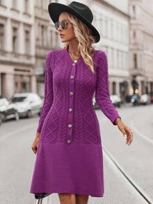 Cổ chữ V Dài Áo len dệt kim Đầm - Màu Hồng Tươi - Xem 4