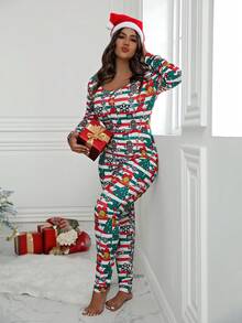 Kích thước lớn Của phụ nữ In Giáng sinh Áo liền quần - trắng - Xem 3