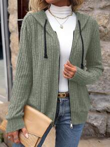 SHEIN LUNE 女士肋紋束口拉鍊外套 - 軍綠色 - 查看 1