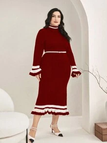 Modelyn Kích thước lớn Sọc Đầm Áo len Với chuông Và Cắt tỉa , Thắt lưng Không bao gồm - Đỏ - Xem 3