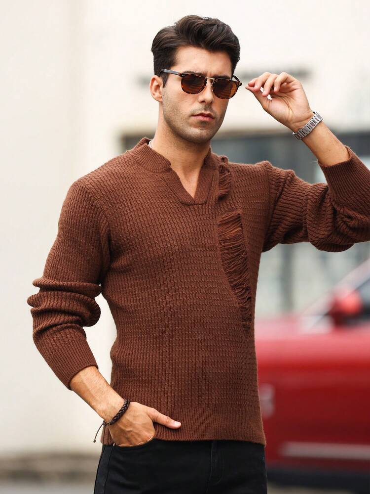 Men Ripped Notched Neck Sweater