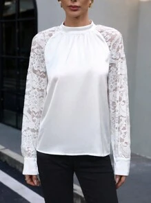SHEIN Clasi Contrast Lace Raglan Sleeve Blouse - White - View 6