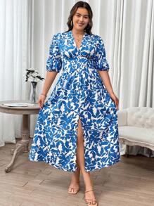 Calvaya 大尺碼花卉印花洋裝 - 藍色 - 查看 4