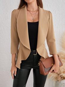 SHEIN Tall Women Long Sleeve Ruffle Hem Asymmetrical Blazer - Khaki - View 1