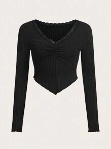 SHEIN CURVE+ 女款大尺碼蕾絲修身 T 卹,胸部褶皺細節 - 黑色 - 查看 1