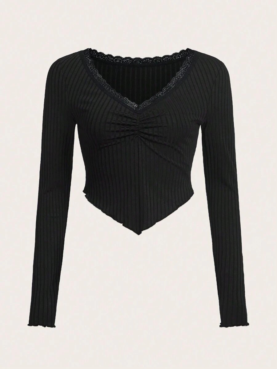 SHEIN CURVE+ 女款大尺碼蕾絲修身 T 卹,胸部褶皺細節 - 黑色 - 查看 1